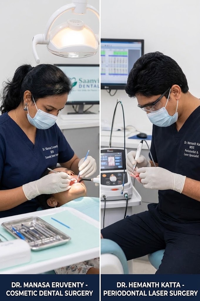 Dr. Hemanth Katta and Dr. Manasa Eruventy performing advanced laser gum surgery and cosmetic dental treatments at Saanvi DENTAL clinic