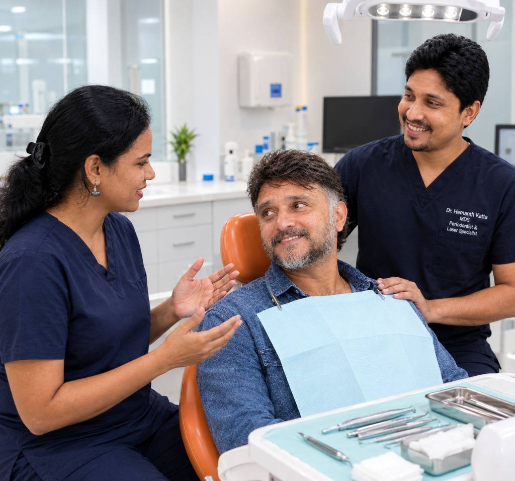Dr. Hemanth Katta (Periodontist & Laser Specialist) and doctor consulting with patient at Saanvi DENTAL clinic